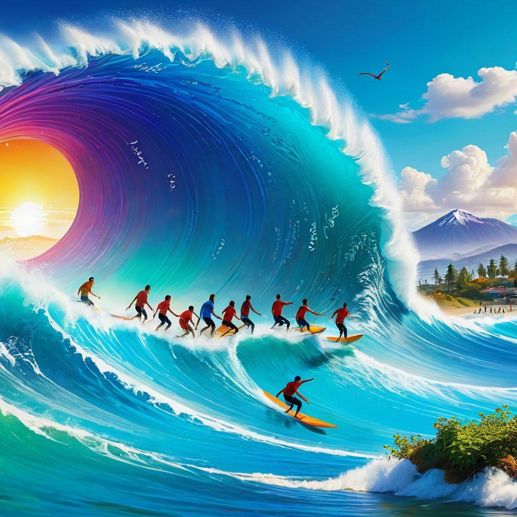 A vibrant and colorful digital landscape depicting a group of diverse people joyfully surfing on a large wave of data, represented by flowing binary codes and digital symbols. Bright blue skies and a sun radiating warmth symbolize positivity and empowerment in online experiences. The scene conveys a sense of freedom and adventure, inviting viewers to embrace the digital journey ahead. super-realistic. vibrant colors. 3D.
