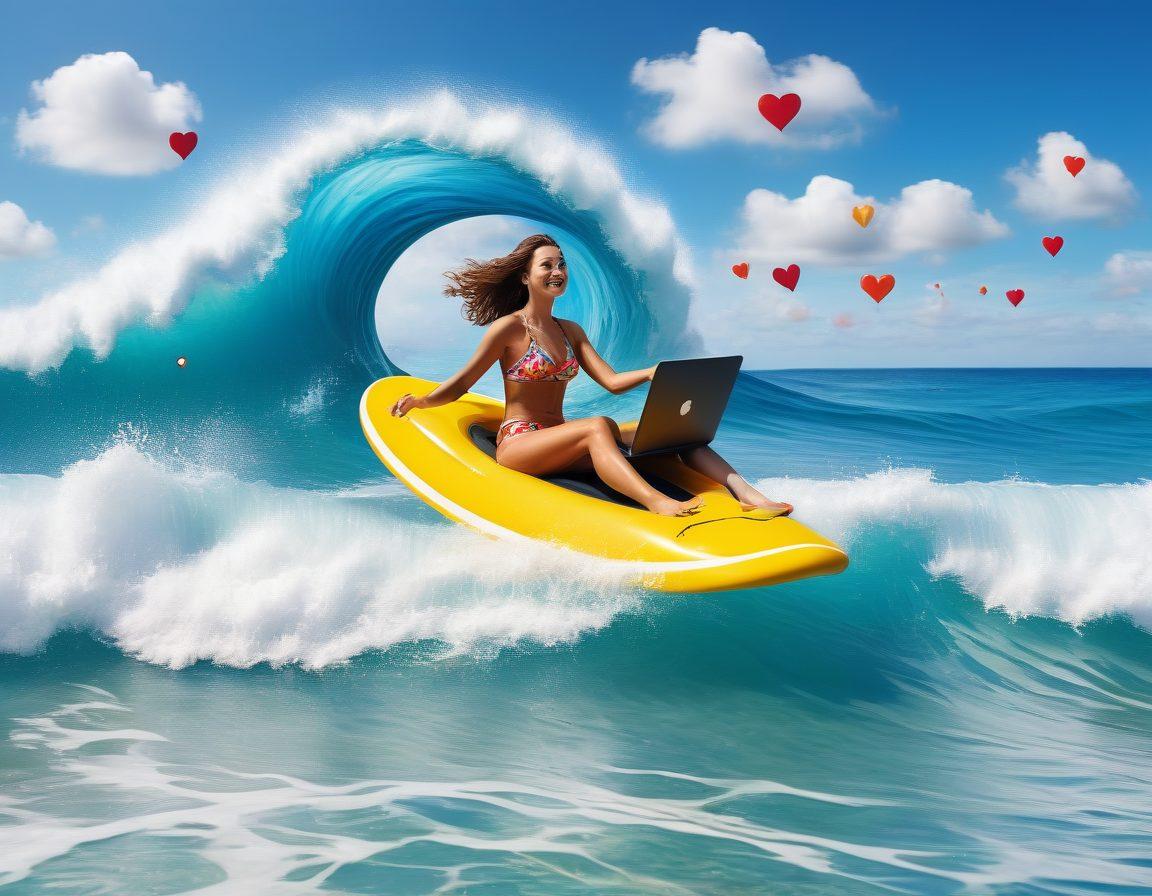 A whimsical illustration of a person joyfully surfing on a vibrant wave made of digital icons like smiley faces, hearts, and thumbs up. The background should showcase a sunny beach with a bright blue sky and fluffy clouds, while the person wears colorful swim gear, exuding happiness. Elements like laptops and smartphones should be incorporated into the wave, symbolizing the online experience. This composition should feel lighthearted and inviting. vector art. vibrant colors.